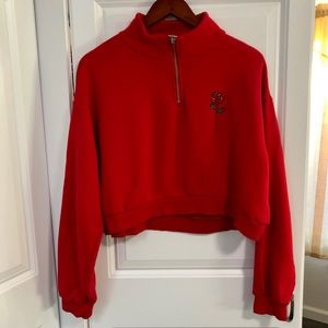 H&M Divided Red Embroidered Cropped Sweatshirt